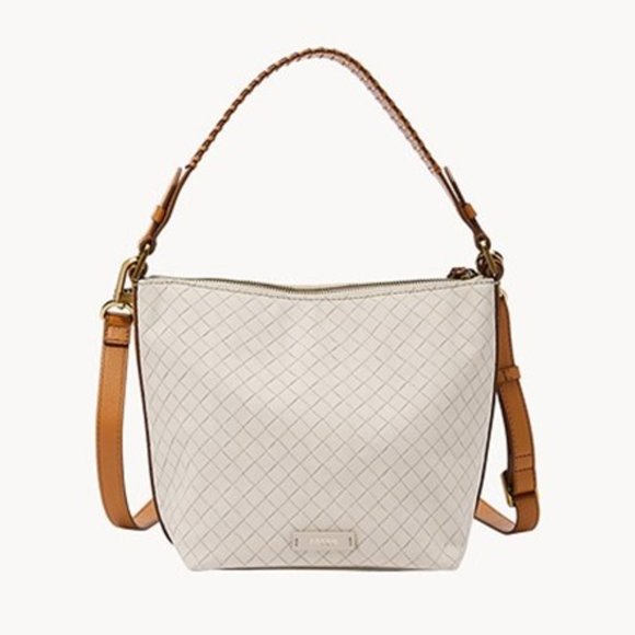 Fossil Handbags - Fossil Julianna Hobo Crossbody Shoulder Bag Cream and Brown Crosshatched Braided